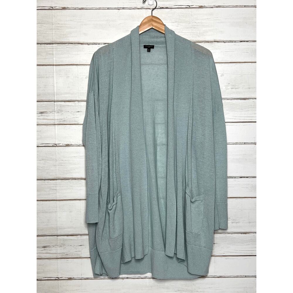 Talbots Plus 2X Open Front Linen Blend Cardigan Light Blue Long Sleeve Pockets